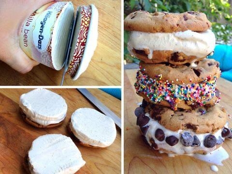 A process shot of making ice cream sandwiches by slicing a pint of ice cream.