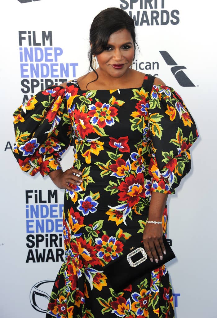 Mindy Kaling is photographed on the red carpet at the 2020 Film Independent Spirit Awards