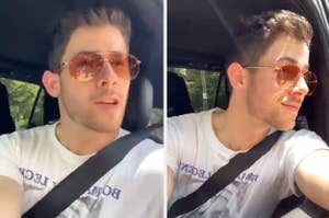 Nick Jonas driving and talking to a fan