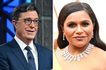 Photos of Stephen Colbert and Mindy Kaling appear side by side in this split image