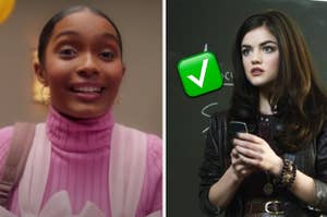 Yara Shahidi is on the left smiling wide with Lucy Hale on the right labeled with a check mark
