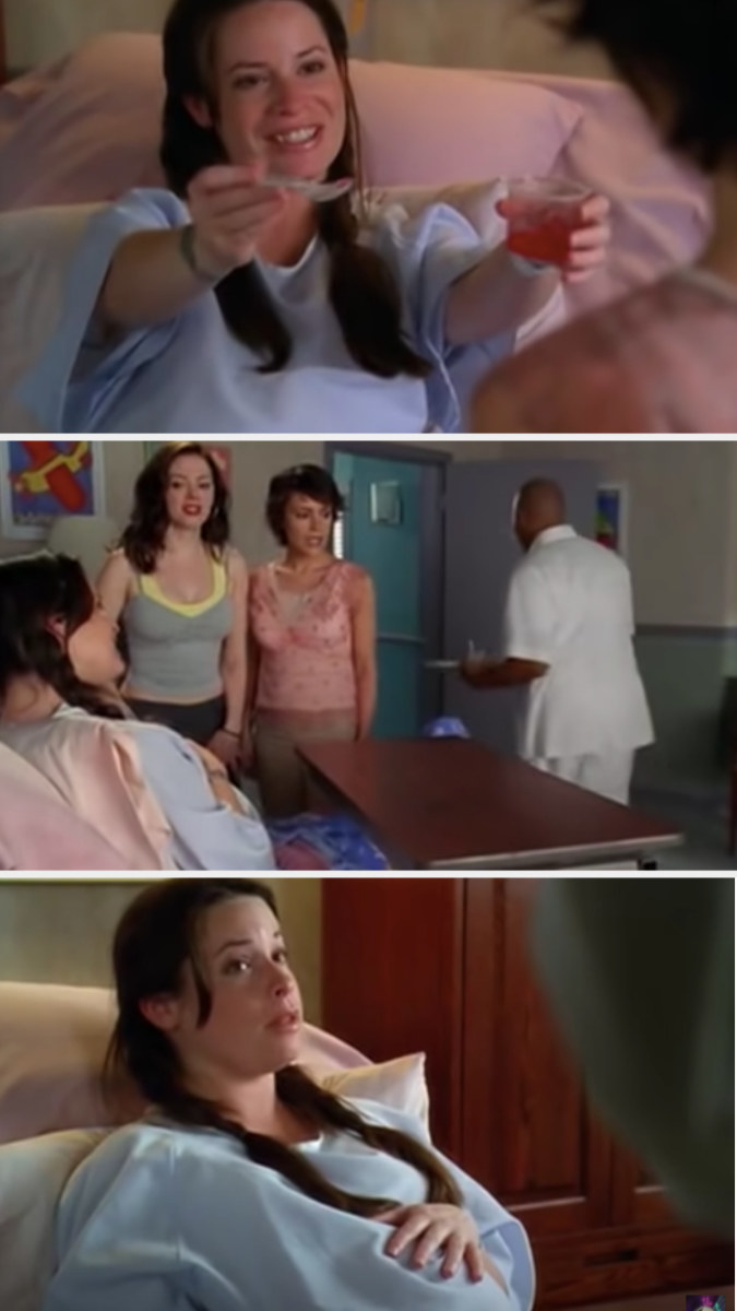 Phoebe and Paige visiting Piper while she's pregnant in the hospital in "Charmed"