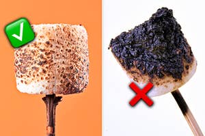 a golden marshmallow on the left with a green checkmark and a burnt marshmallow on the right with a red x