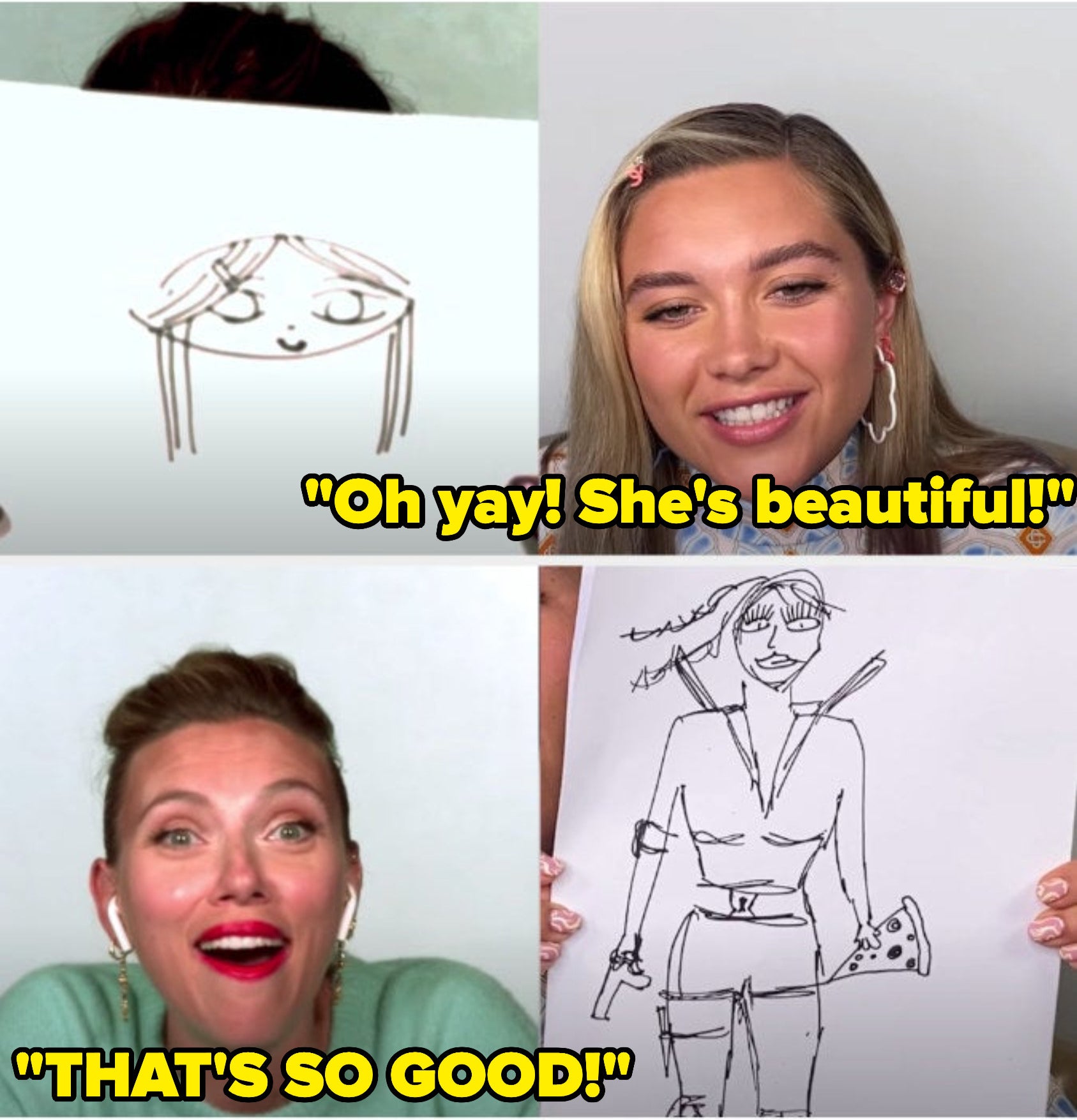 Scarlett and Florence holding up drawings they made of each other