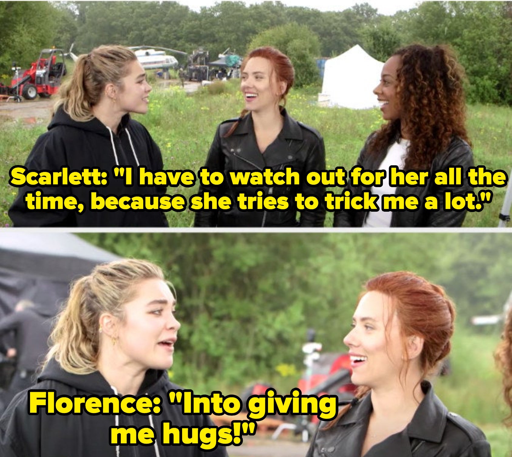 Florence Pugh talking about how she tricks scarlett johansson into giving her hugs