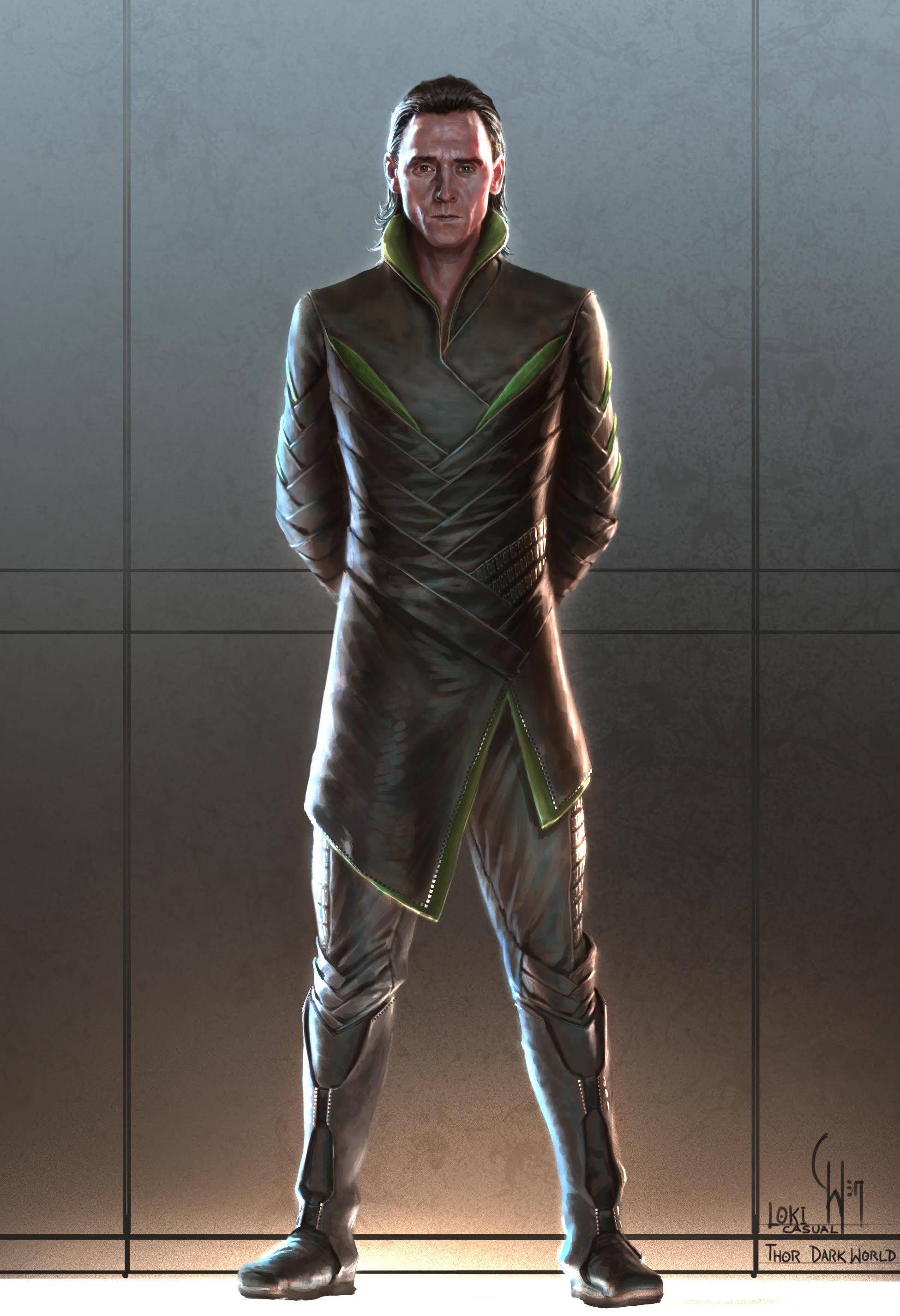 Illustration of Loki for Dark World where his outfit is made of leather and has almost an angular, braided design