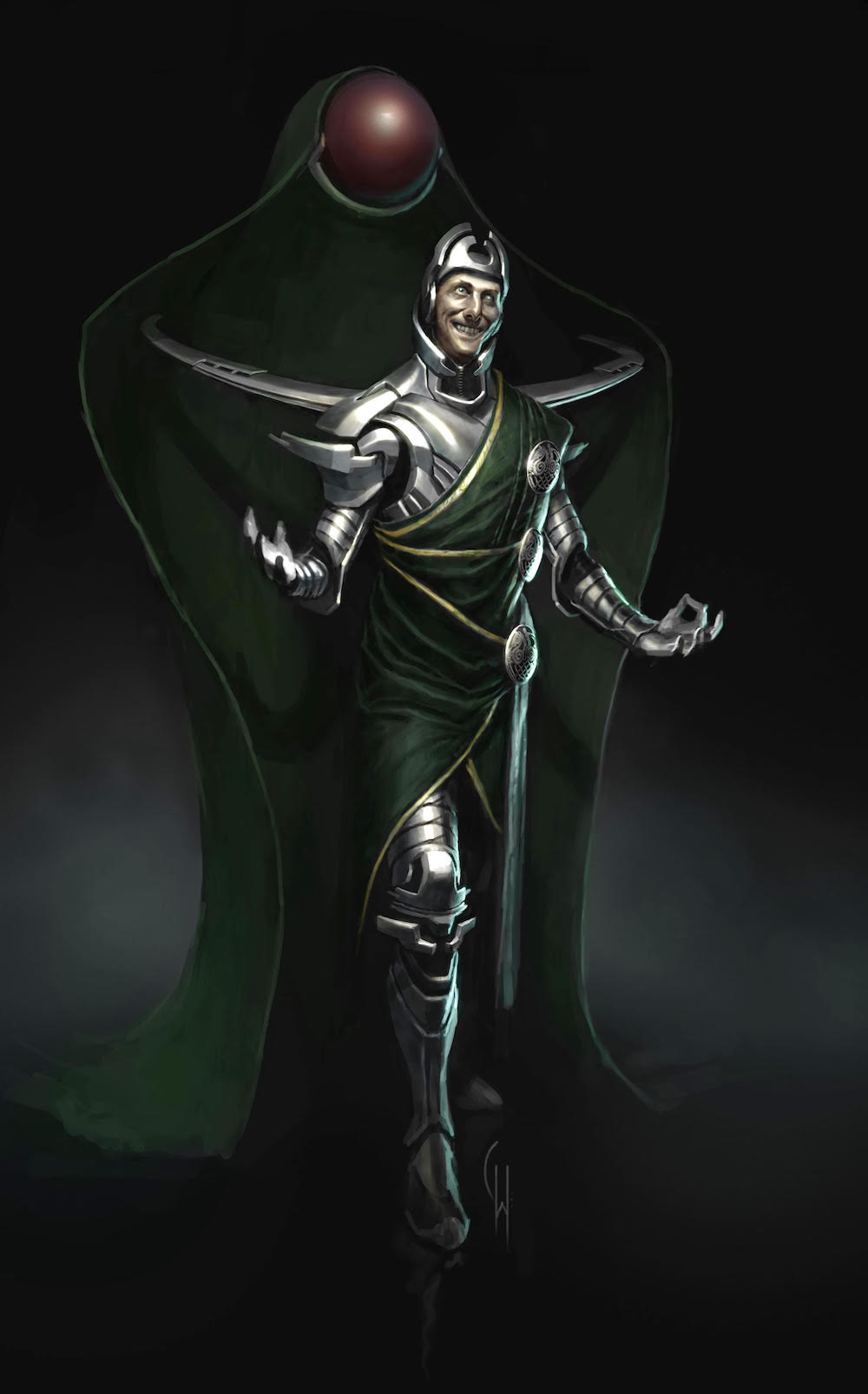 Illustration of Loki as a concept, that looks very mechanical, like he&#x27;s wearing a futuristic suit of armor