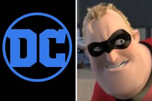 the dc comic logo on the left and mr incredible on the right