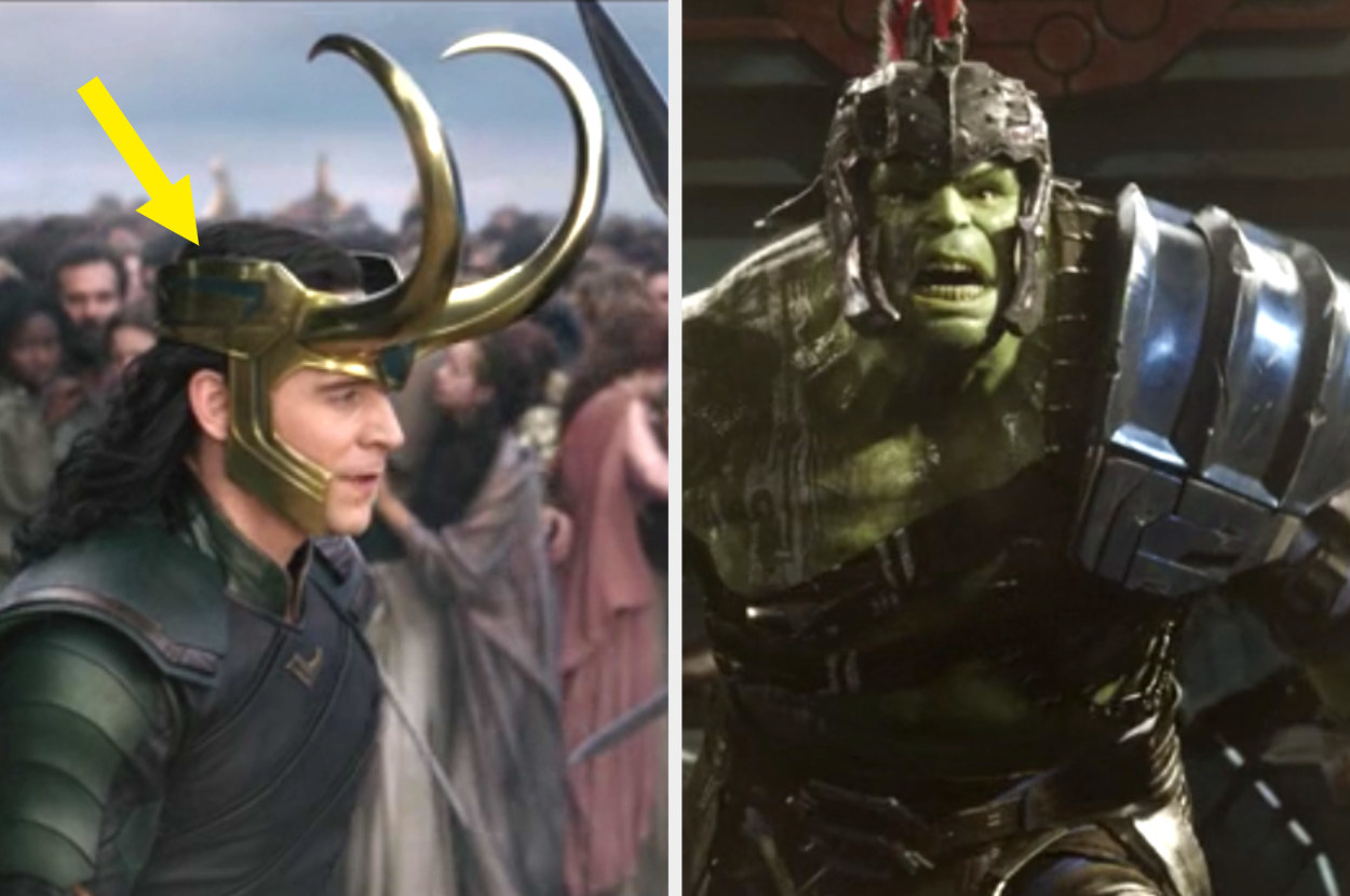 Loki wearing a helmet that has angular designs on the side, and Hulk&#x27;s armor having similar angular designs on the shoulder pad