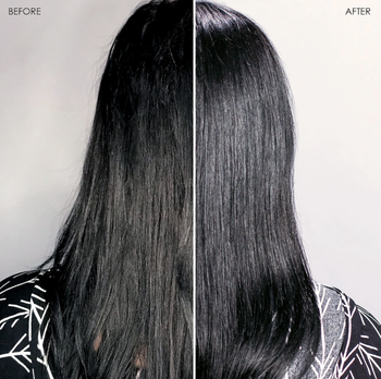 Model showing hair before and after using oil