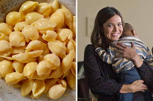 On the left, some mac and cheese shells, and on the right, Mandy Moore holding a baby as Rebecca on "This Is Us"