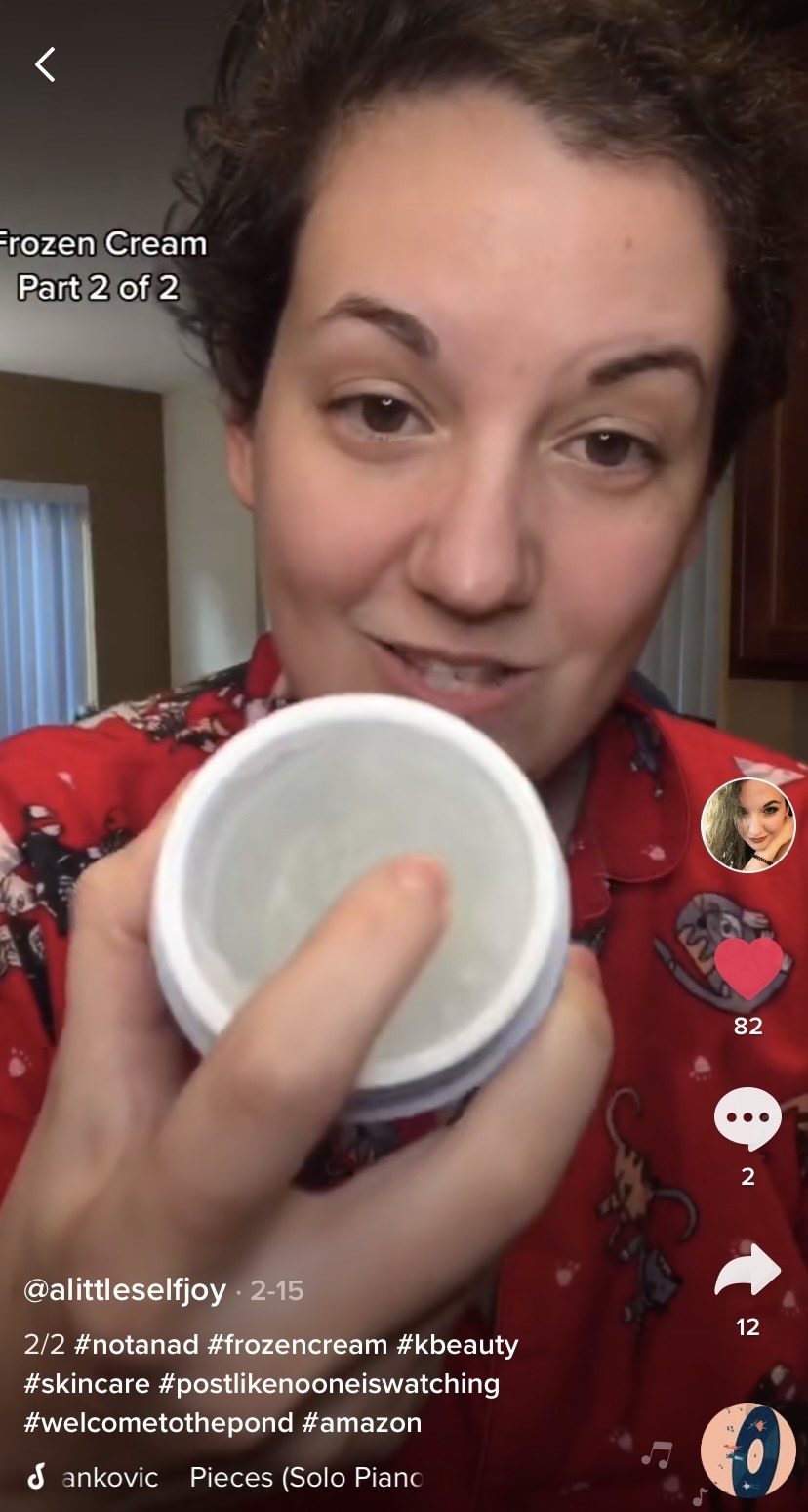Screen shot from @alittleselfjoy&#x27;s Tik Tok, of them trying out the frozen moisturizer