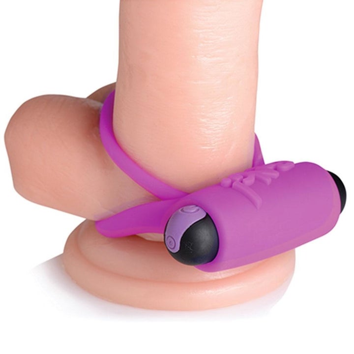Cock ring positioned on dildo