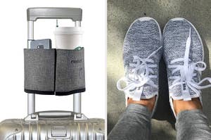 a cup caddy on a suitcase; a reviewer wearing Adidas sneakers