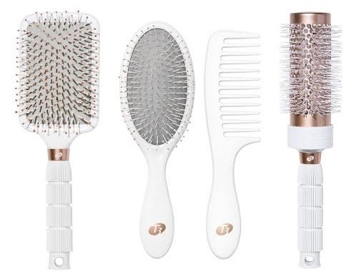 Four brushes and combs with metallic details in a row
