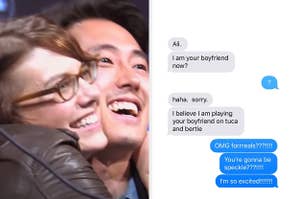 Steven Yeun and Lauren Cohan hugging and a text that reads, "Ali. I am your boyfriend now?"