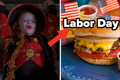 A girl is wearing a costume on the left with an arrow pointing at a burger labeled, "Labor Day"