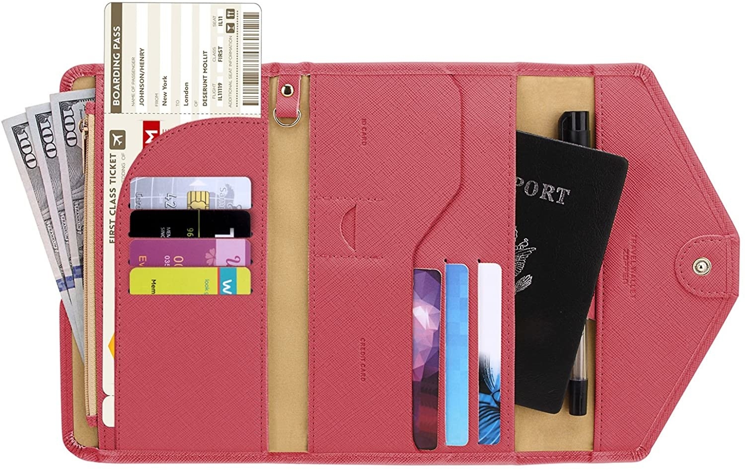pink RFID-blocking travel wallet with bills, boarding pass, credit cards, and passport