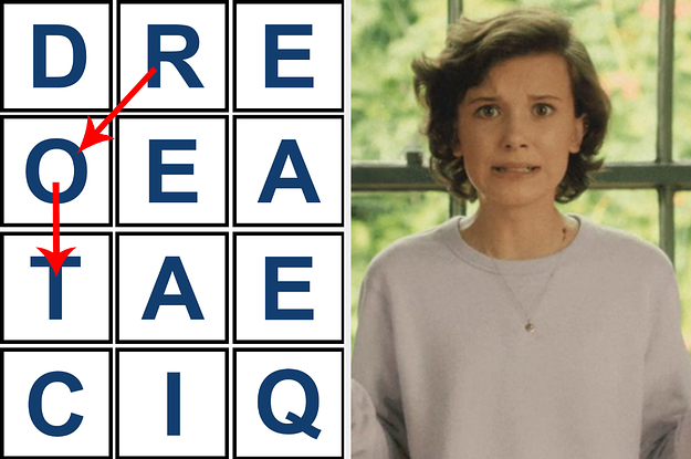 A grid of letters next to Millie Bobby Brown looking confused