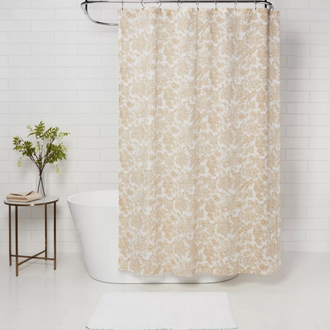 Shower curtain hanging in bathroom