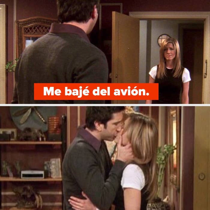Rachel tells Ross she got off the plane, they kiss