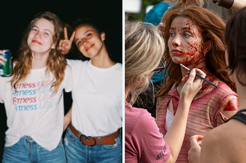 A blurry photo shows Olivia Welch and Kiana Madiera posing together and high res photo shows Emily Rudd having fake blood applied to her on set