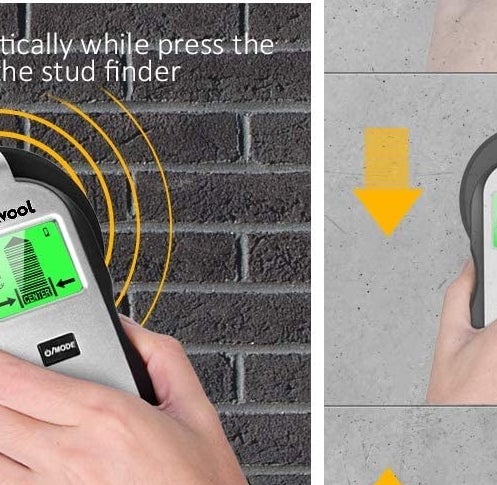 A person using the stud finder on a brick wall