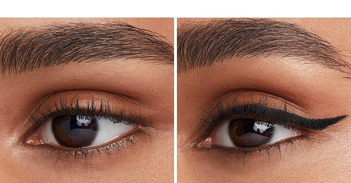 A person without winged liner on their eye and a person after applying winged liner