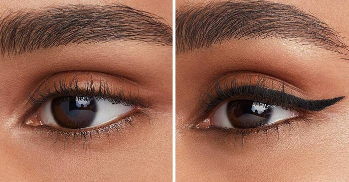 A person without winged liner on their eye and a person after applying winged liner