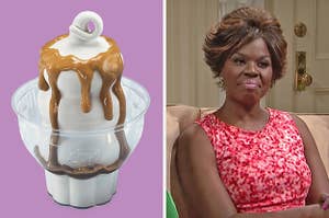 On the left, a peanut butter sundae from Dairy Queen, and on the right, Leslie Jones with a "mom" haircut on "SNL"