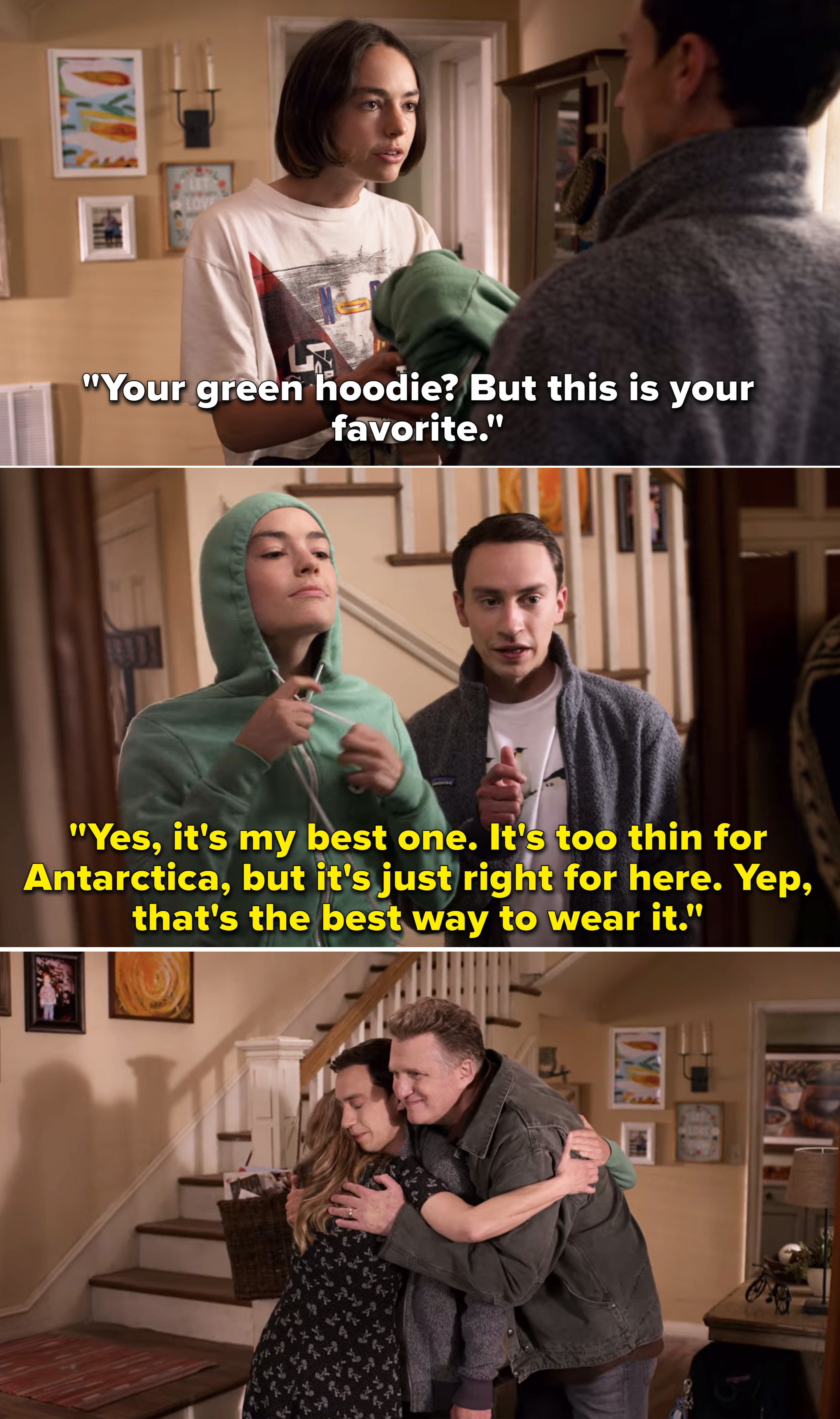 Sam giving Casey his favorite green hoodie because it's "too thin for Antarctica" and Casey wearing it with the hood up