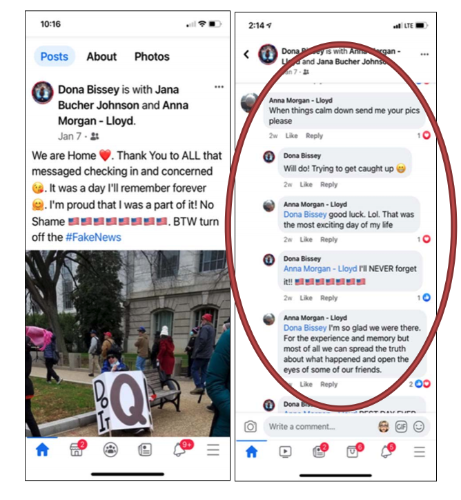 Facebook posts from Donna Bissey and Anna Morgan-Lloyd bragging about the Capitol riot and telling people to &quot;turn off the #FakeNews&quot;