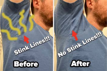 Before/after photo of buzzfeed tester with stink lines and without stink lines coming from armpit area