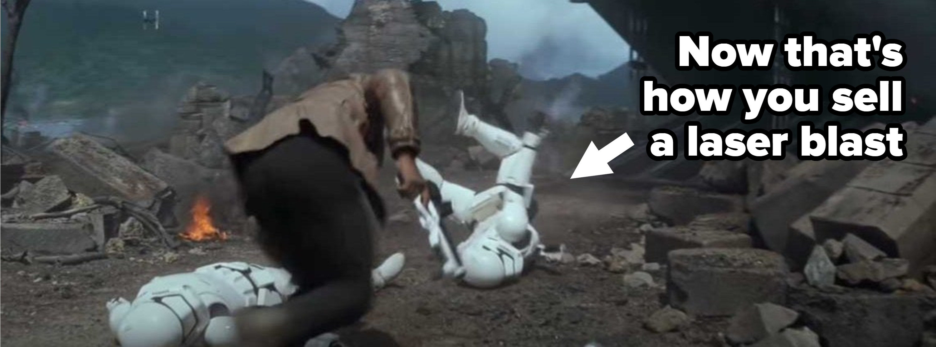 A stormtrooper face plants after being shot by Finn