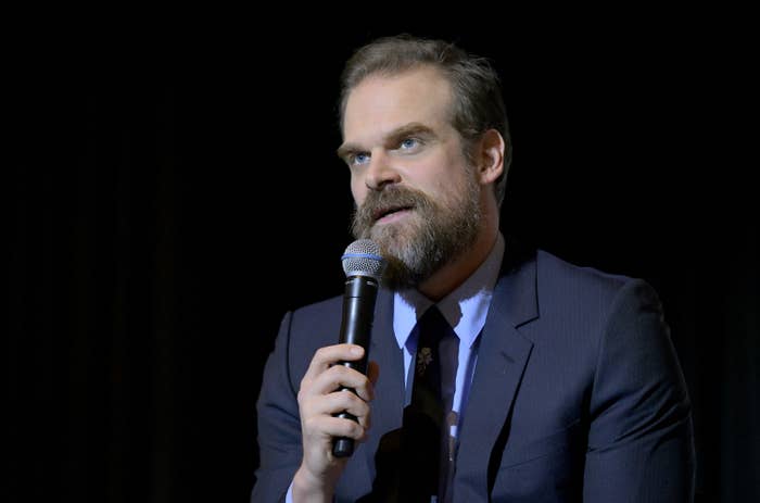 David Harbour speaks onstage at a Stranger Things QA