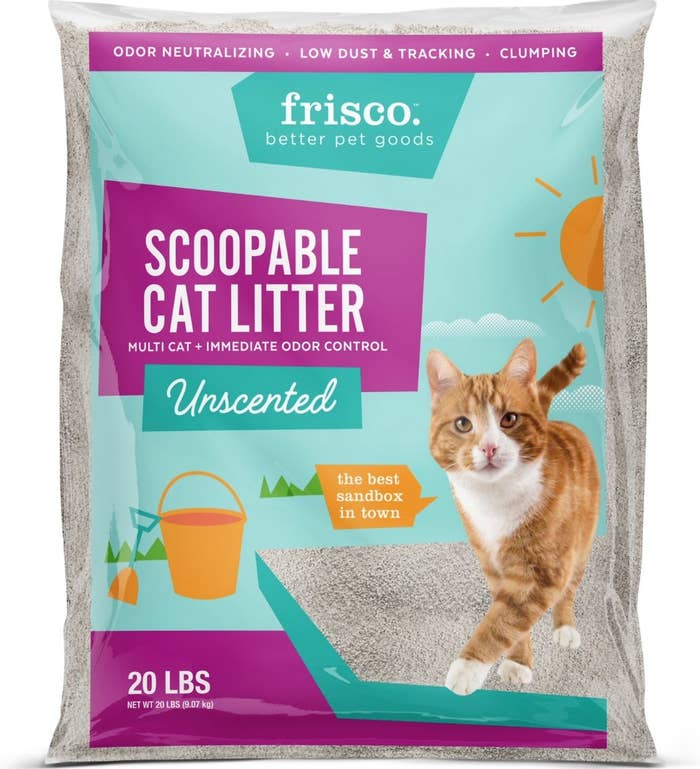 A 20 pound bag of cat litter with purple, blue, orange on it