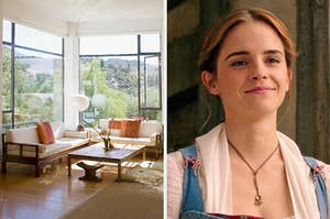 On the left, a sunny living room with couches near the windows and a coffee table in front of them, and on the right, Emma Watson as Belle in "Beauty and the Beast"