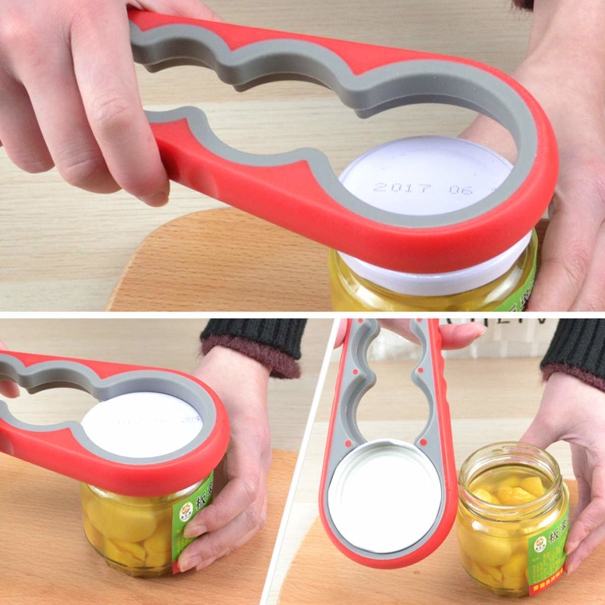 A collage of a person using a jar-opening device to open a jar