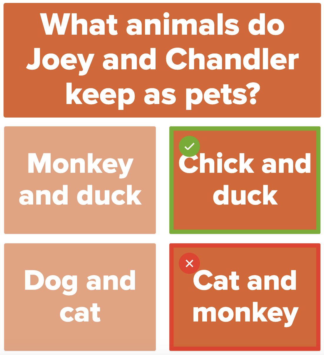 A quiz question asking what pets Joey and Chandler have
