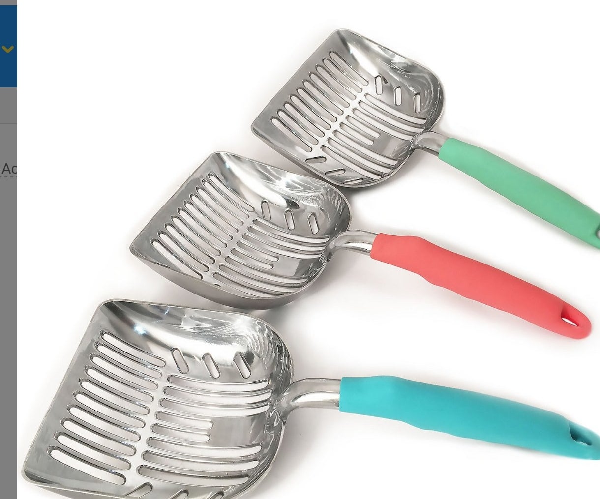 A set of scoops with a blue, coral and green handle