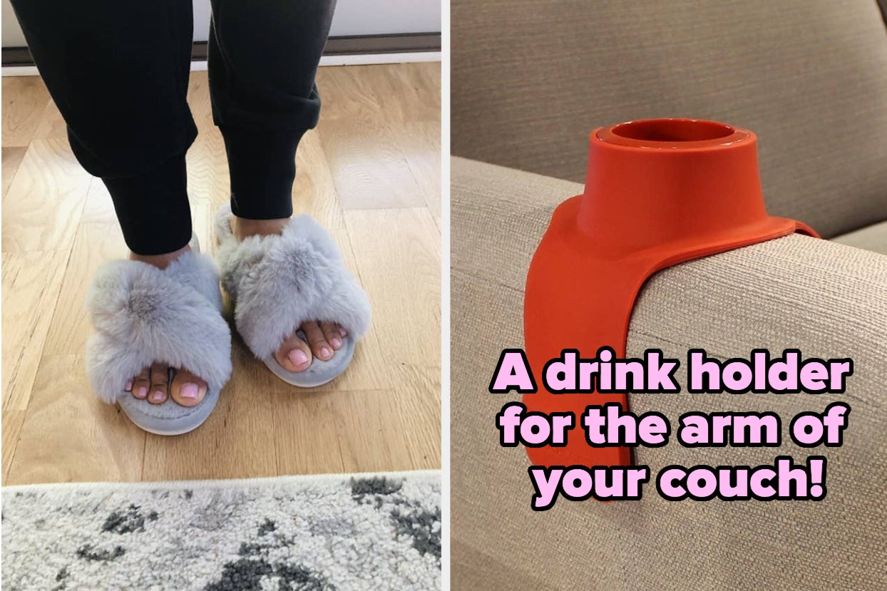 left image: reviewer wearing plush slippers, right image: sofa arm drink holder