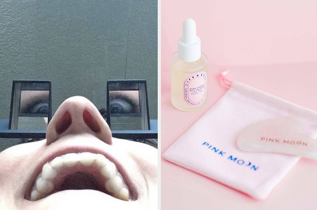 left image: reviewer wearing prism glasses, right image: pink moon gua sha set