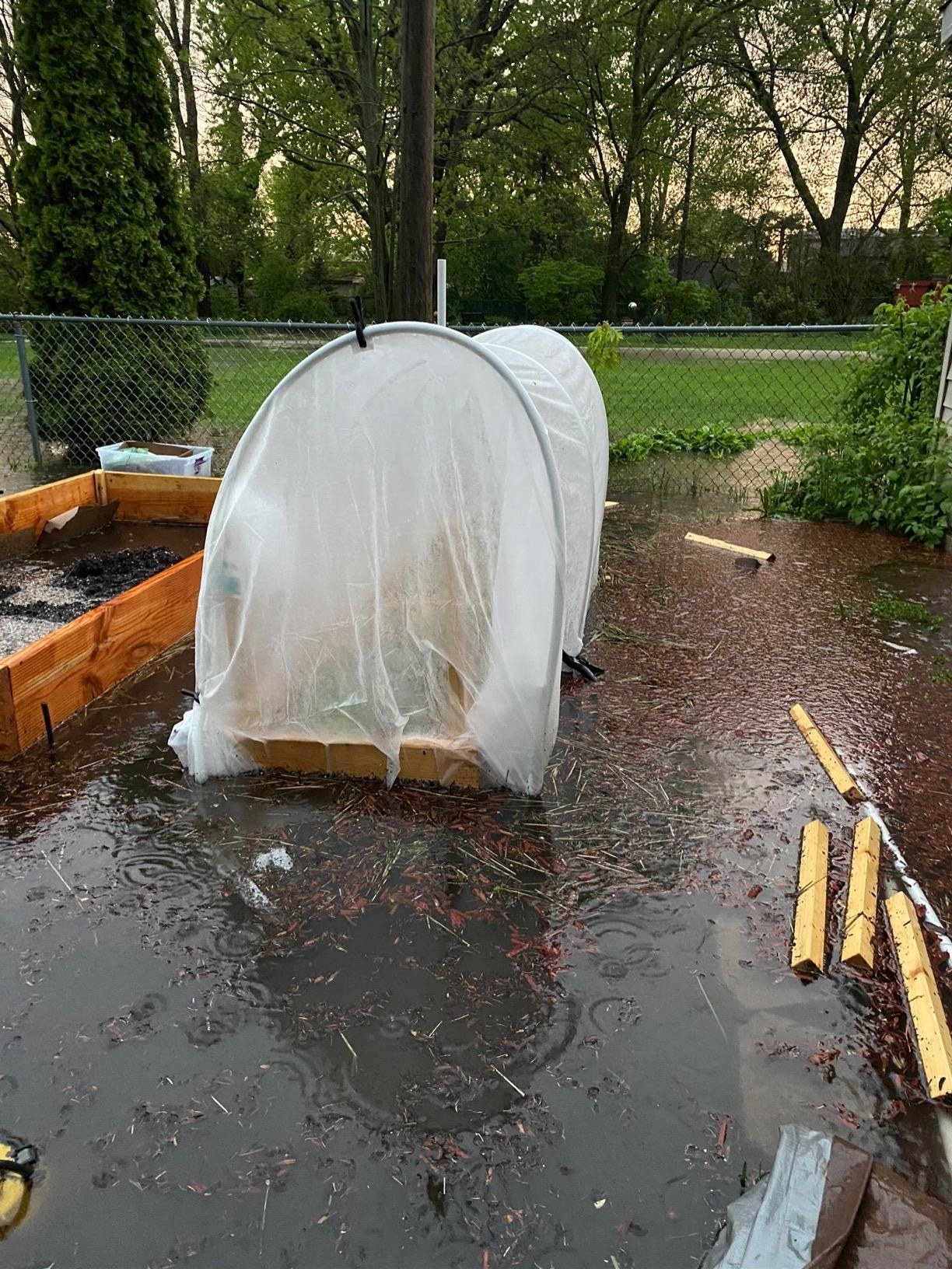 reviewer photo of the net-like cover over raised garden bed