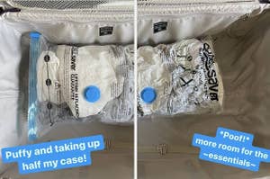 before and after of clothes being put in vacuum seal storage bags