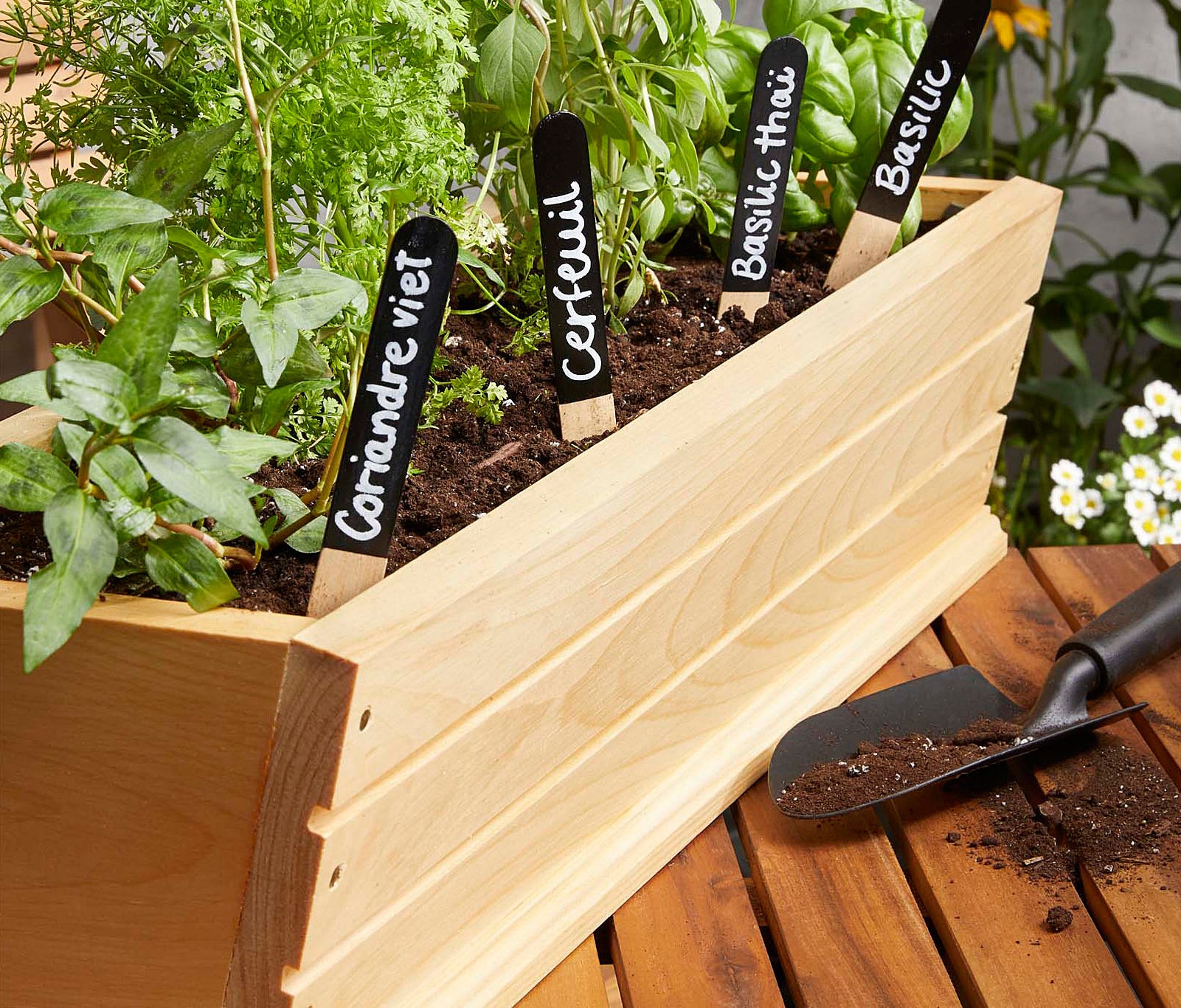 chalk-written garden markers in a wooden pot filled with herbs