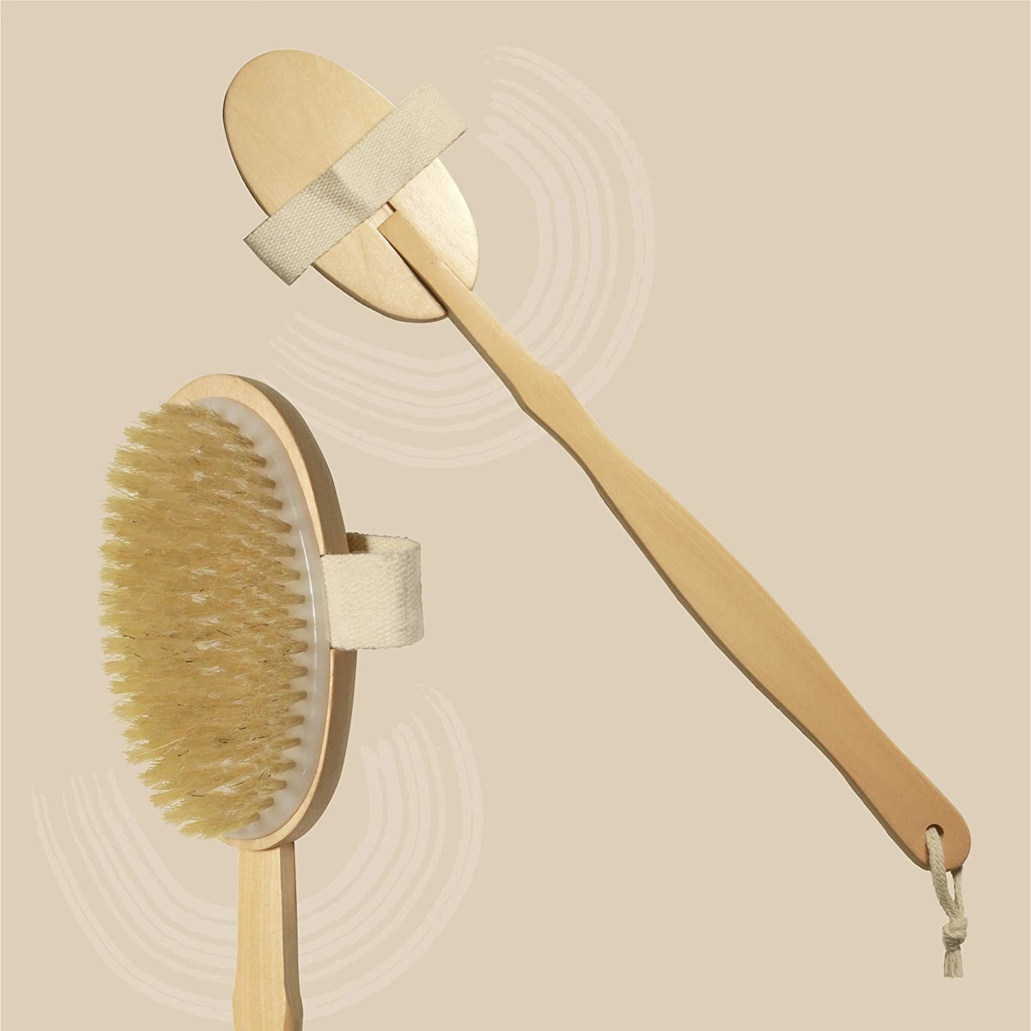 A 2-in-in fawn coloured body brush with a long detachable wooden handle.