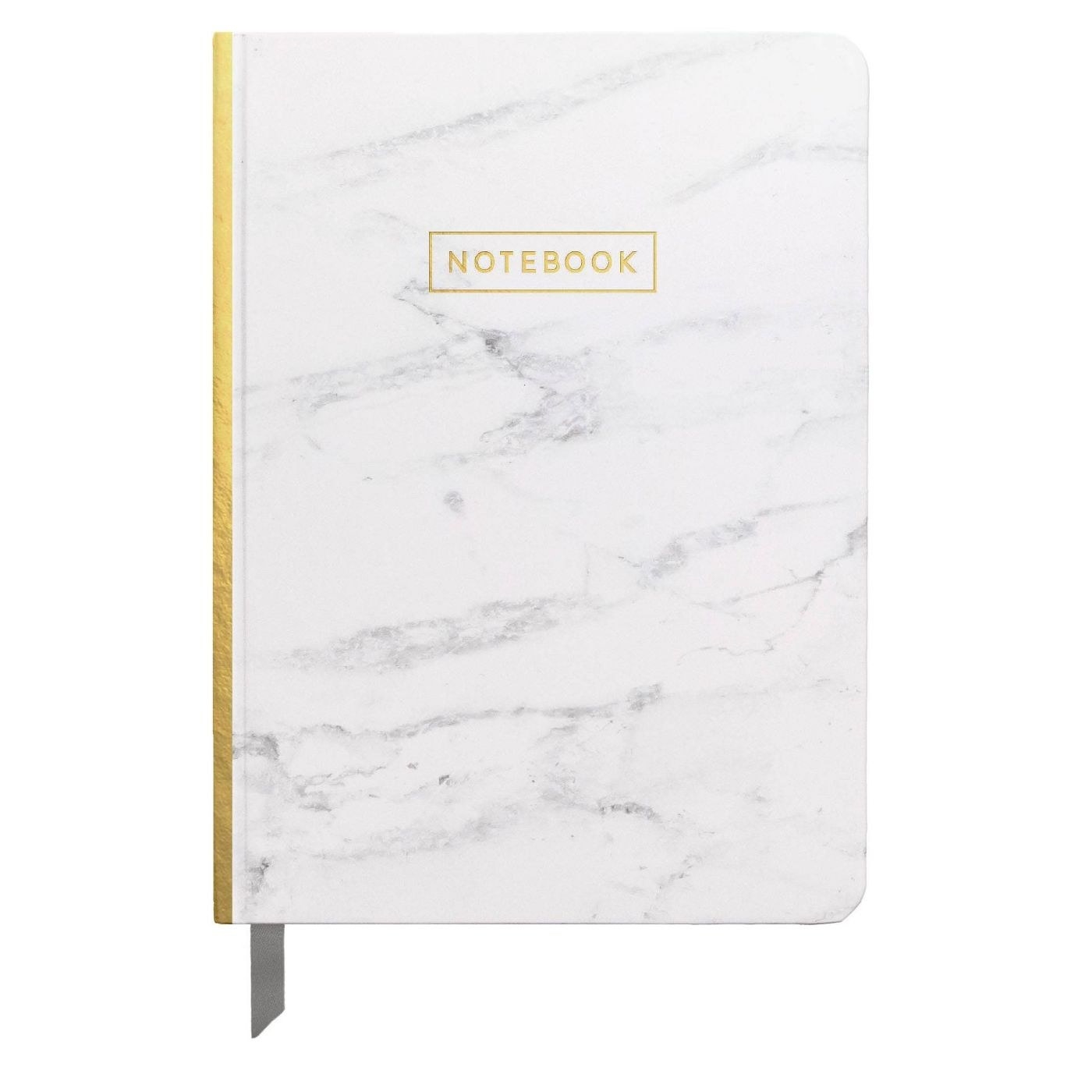 A notebook with a white marble print and gold lettering and binding