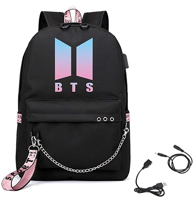 A black backpack with the BTS logo on it