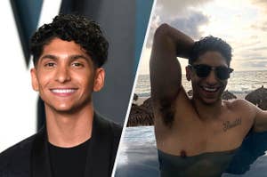 Side by side photos of Angel Bismark Curiel smiling and flexing his bicep