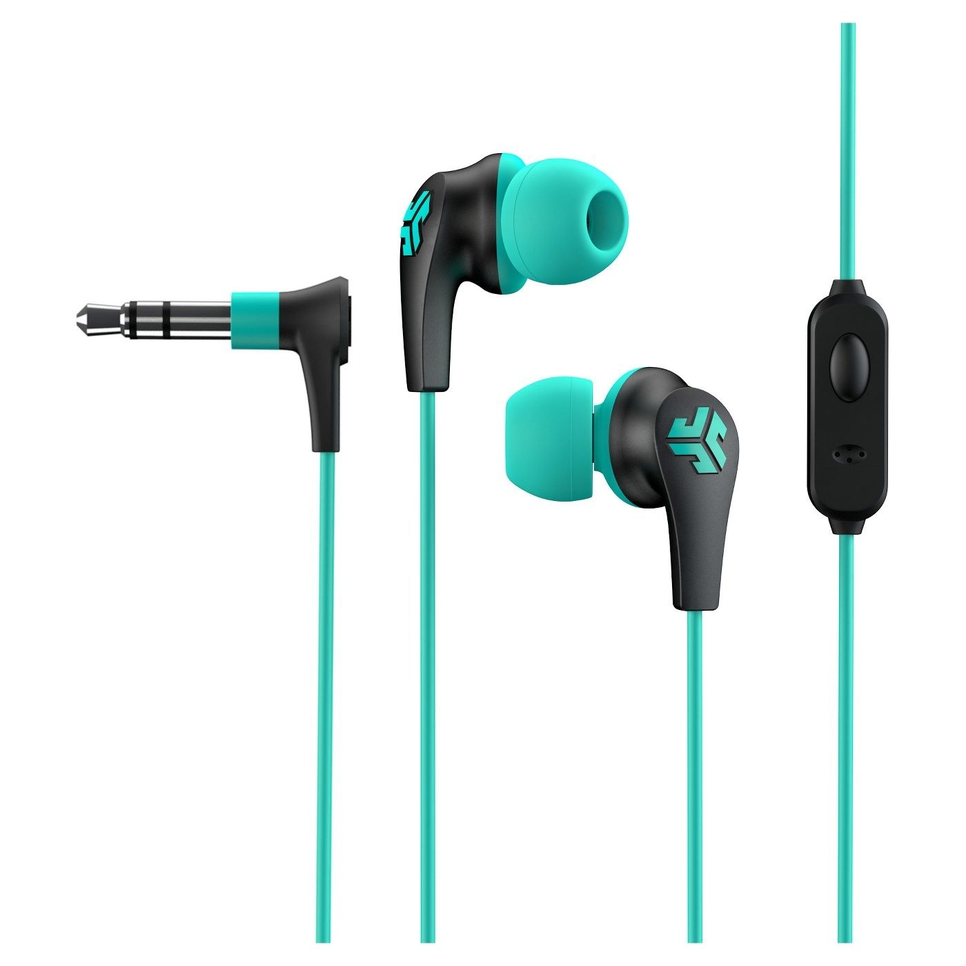 A pair of black and teal wired headphones